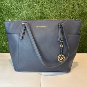 NWT MICHAEL MICHAEL KORS JET TRAVEL TOTE BAG GENUINE LEATHER NAVY